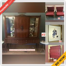 MaxSold Auction: This online auction includes furniture such as an Italian bar cabinet, dining table set, teak chairs, teak sofa, French vanity bench, high-back wing chairs, vintage desk, side tables, Italian marble top side table, wicker armchairs, chest of drawers, vanity table, chairs, queen sized iron bed, oak dresser with mirror and others, Asian teapots, kitchenware, small kitchen appliances, cat and dog floor figurines, vintage Fiestaware, Italian gold leaf mirror, Swedish sterling coffee spoons, linens, costume sketches, wall art, pottery, Persian rugs, vintage lamps, frames, carved duck decoys, cuckoo clock, decor and much more!