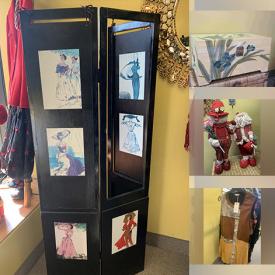 MaxSold Auction: This online auction features folding privacy screen, wicker furniture, storage chest, display cabinet, mirrors, retail racks, shelving units, new designer ladies clothing including tops, skirts, sweaters, jackets, pants, blouses, dresses,  and much, much, more!!