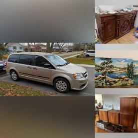 MaxSold Auction: This online auction includes a 2015 Dodge Caravan, furniture such as tables, cabinets, shelving units, desk, Crokinole tabletop, swivel tub chairs, mahogany table, office supplies, lamps, wall art, wigs, accessories, clothing, shoes, dolls and other toys, Goebel figures and other decor, Wedgwood, Royal Doulton and other china, vintage photographs, fabric, linens, maps, catalogs, books, vinyl records, speakers, Noresco turntable and other electronics, vintage cameras and other photography accessories, vacuum, cleaning supplies, kitchenware, small kitchen appliances, Harmonica, skates, Raleigh bicycle, sports equipment, Anscomatic projector, art supplies, glassware, miter saw, sanders and other power tools, hand tools, ladders, scrap metal, trellises, wood, plastic fencing, laundry supplies and many more!