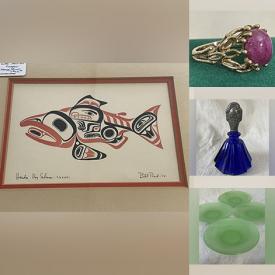 MaxSold Auction: This online auction includes Jadeite plates, coasters, ashtrays, candleholders and others, Cobalt bottles, jewelry such as broochest, rings, necklace and others, Bill Haida, Geoffrey Armstrong and other art, coasters, tea trolley and more!