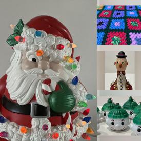 MaxSold Auction: This online auction includes a winking Santa and other Santa figures, vintage ornaments, blow mold candles, lights, Christmas quilts and other Christmas decor, lamps, barnacle cluster, vintage wallpaper, vases, vintage ashtray, MCM Grumpy Man bottle opener, MCM decor, teapot, pewter soup pot, embroidered art, vintage Viewmaster, antique European chandelier, ceramic platter and more!n