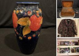 MaxSold Auction: This online auction features Moorcroft vase, vintage music box, Roseville vase, coins, Kachina figures, Art Deco lamp, art glass, espresso sets, small kitchen appliances, vintage magazines, Alberto DeCastro LE prints, Oleg Cassini paperweight, snowboard, printer, antique ice box, art books, metal wall art, office supplies, TV, video games, and much, much, more!!!