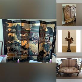 MaxSold Auction: This online auction includes antique stained glass doors,  framed lithographs, silver plate, framed art, furniture such as antique cabinet, antique table, end table, Victorian sofa and Chinese-theme room divider, Asian art, Mikasa dishware, and more!