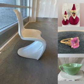 MaxSold Auction: This online auction includes a vintage kids oak school chair, MCM Verner Panton chair, MCM armchair and others, vintage 1950s ornaments and other Christmas decor, vintage rings, Jadeite items, Cobalt Blue glassware, mirror, vintage school cubby and more!