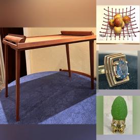 MaxSold Auction: This online auction includes a Midcentury Danish folding side table, vintage CN Rail metal box, MCM desk lamps, Midcentury candelabras, Skultuna candle holders, Sid Dickens memory tile, Charlie Brown fabrics, vintage GraLab darkroom timer, satellite fruit bowl, vintage firewood holder, pottery, antique dress form, rings, onyx brooch, Jadeite necklace and other jewelry, vintage Luxo lamp, Jadeite figurines, servingware, books and more!