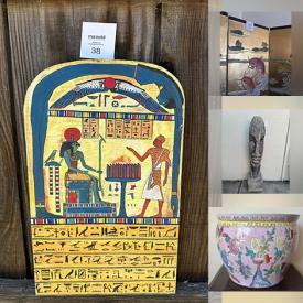 MaxSold Auction: This online auction features vintage leather & carved wood furniture, vintage Oriental room dividers, Mid Century brass figures, vintage speakers, electric fireplace,  art glass, vintage painted slab, vintage African carvings, Chinese cork sculptures, art pottery, vintage African tribal shields, garden pots, vintage jewelry, yard art, and much, much, more!!!