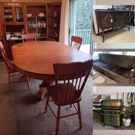 MaxSold Auction: This online auction includes furniture such as a dining table set, Sklar Peppler cabinets, demilune tables, side tables, desk, filing cabinets, bedframes, Bentwood rocker, chairs, end tables, coffee table, office chairs, power recliner, card table set and others, tools, hardware, exercise bike, lights, decorative plates, kitchenware, small kitchen appliances, golf supplies, ski boots, electric fireplace, Christmas dishes, Homedics massage chair, Crokinole board, office supplies, electronics, mirror and many more!