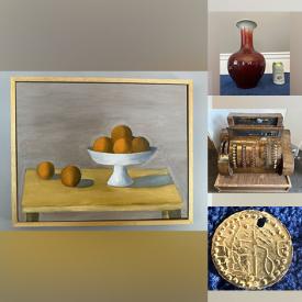 MaxSold Auction: This online auction includes vintage vinyl records, Bohemian Czech champagne flutes, prints and other wall art, Wedgwood tea set, Delft pieces, University of Toronto bookends, 1920s ball and claw piano stool, vases and other decor, rugs, toys, antique phones, National cash register and more!