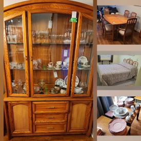 MaxSold Auction: This online auction includes furniture such as a vintage buffet, bed frames, storage tables, dinette set, dressers, hall table, office chair, corner desk ,Lane chest, patio set, sofa, Kroehler hutch and others, kitchenware, small kitchen appliances, mirrors, Mikasa and other china, Blue Mountain pottery, vinyl records, books, DVD player and other electronics, cushions, linens, patio umbrella, wall art, tools, skis, luggage, ladders, Yardworks lawn mower and much more!