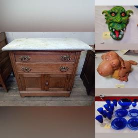 MaxSold Auction: This online auction includes Antique dressers, Antique side table and Antique marble top dresser, 1987 Byers Choice & Santa Figurines, Vintage pink and cobalt colored glassware, Hand painted made in Italy servingware, Vintage polaroid camera, Limoges collector plates, Lithographs, Original signed art, Sango china, Costume jewelry, Creatures of delight face masks and sculptures,  Bombay drop leaf side table, MCM console table, wooden cranberry scoop,  and more!