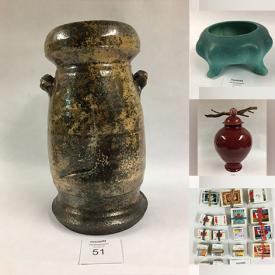 MaxSold Auction: This online auction features art glass, crystal vase, Fenton perfume bottles, Indigenous pottery, Wedgwood, teacup/saucer sets, Roseville pottery, collector plates, vintage nesting dolls, Nils Kahler pottery, art pottery, DVDs, stamps, coins, jewelry, and much, much, more!!