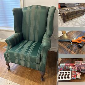 MaxSold Auction: This online auction includes a hall tree, floating shelves, wingback chair, wicker patio sofa, outdoor conversation set, kitchenware, seasonal decor, Pokemon cards, yard tools, treadmill, humidifiers, office supplies, portable steamer, Beyblades, Sharp TV, backpacks, storage cubes and more!