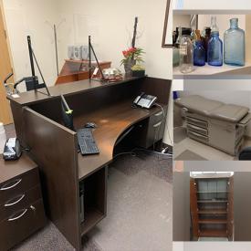 MaxSold Auction: This online auction features receptionist desk, medical exam table, upholstered office chairs, glasses & mugs, desk, coffee maker, filing cabinets, office supplies, vintage bottles, bookcases, bar fridge, and much more!!