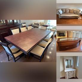 MaxSold Auction: This online auction features dining tables & chairs, display cabinet, glass coffee tables, satin sofa, French Country bedroom furniture, platform bed frame, and much, much, more!!