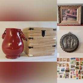 MaxSold Auction: This online auction includes framed prints, lithographs and other wall art, Japanese Satsuma teapot, Chinese Famille rose plate, cloisonne tea caddy, vases, jewelry, watches and watch bands, Napoleon wedding medallion, data storage, stamps, coins, egg timer and much more!