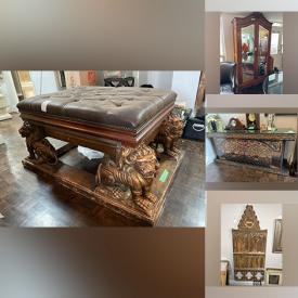 MaxSold Auction: This online auction includes furniture such as a Queen Anne highboy, step stools, pedestal table, bench, Coronation chair replica, MCD trunks, accent chairs, four poster bed, captain’s chairs, antique carved cabinet, coffee table, pedestal table, wardrobe, dresser and others, floor lamp, finial statues, carved mask, jewelry box, mirrors, ceremonial mace, pewter ornaments, decorative items, vintage books, Swarovski, electronics, decorative jugs, lanterns, jewelry, wall art, china, Sentry safe, coins, tools and much more!