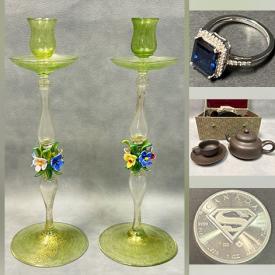 MaxSold Auction: This online auction features silver jewelry, gold jewelry, vintage costume jewelry, coins, watches, Jadite, Imari bowl, teacup/saucer sets, cloisonne bowls, art glass, soapstone carving, vintage Pyrex, and much, much, more!!