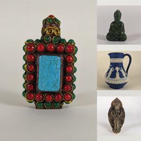 MaxSold Auction: This online auction includes Wedgwood Jasperware vases, ewers, cache pots and others, snuff bottles, stone fetishes, cloisonne vases, cloisonne eggs, dragon cufflinks, enameled teapot, Chinese porcelain plates, bowls, trays and jars, porcelain trinket egg boxes, carved Chinese plaque, trifold Buddha altar piece, Cinnabar items, carved wood display stands and many more!