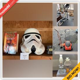 MaxSold Auction: This online auction features Star Wars collectibles, exercise equipment, lawnmower, clothing, vintage desk & chair, toys, vintage oil lamps, clawfoot table, cameras, microscope, costume jewelry, guitar, watches, and much more!