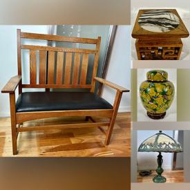 MaxSold Auction: This online auction features retro stools, Stickley furniture, slag glass lamps, TV, art pottery, Imari planter, antique Eastlake bed, vintage display stands, Cloisonne ginger jar, enamelware bowls, sad irons, antique bottles, vintage ashtrays, oil lamps, wood sculpture,  and much, much, more!!!