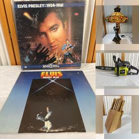 MaxSold Auction: This online auction includes Elvis Presley memorabilia, Craftsman and other tools, Dale Earnhardt glassware set, vintage records, Griffon cutting tool set, wood bow, wall art, marble sculpture, Halo Mega Bloks, brass cups, lamps and more!