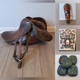 MaxSold Auction: This online auction features leather saddles, African wall masks & statues, Indigenous art, Sean R Dixon prints, beads such as porcelain, agate, jasper, glass, stone,  and loose gemstones such as sapphires, amethysts, topaz, garnets, citrines, peridots, and much, much, more!!