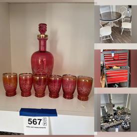 MaxSold Auction: This online auction includes furniture such as end tables, toolbox, patio chairs, dining table set, recliner rocker, TV stand, utility table, entertainment center and others, kitchenware, small kitchen appliances, toiletries, linens, books, office supplies, vintage dolls, organizers, Mikasa canister set, wall art, plants, electric wheelchair, antique barber items, Brother sewing machine, shop vac, Sears table saw and much more!
