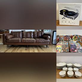MaxSold Auction: This online auction includes a leather couch, NIB Brookstone turntable, Anker Soundsync and other electronics, vintage comics, baseball cards, Paul Müller Selb, Royal Albert and other china, decanters, wall art, vases, Jammin RC car, vintage buttons, jewelry, vintage horse hitch tools, perpetual glass calendar, Polaroid camera, vintage Stereoscope, vintage Viewmasters, Tiffany style lamp, Singer sewing box, wooden crate and more!