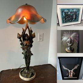 MaxSold Auction: This online auction includes a signed Le Chardon fairy table lamp, Atomic Age lamp and other lamps, Alice Huertas watercolor paintings, Abel Lee oil painting, Douglas Elliott oil painting, Ibrahim Kodra serigraph and other wall art, Art Nouveau crystal liquor bottles, pottery, cases, vintage Pyrex, diecast bus model, Royal Albert and other china, ‘Indian Tree’ wall charger plate, PY Japan condiment set, Art Deco replogle globe, Chinese stamp sets, vinyl records and much more!