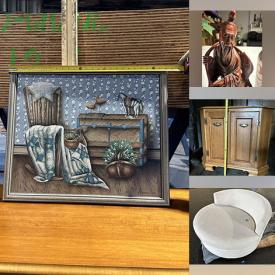 MaxSold Auction: This online auction features round couch, desks & chair, shelving units, chairs, framed wall art, sewing table, area rug, wheelchairs, wood carvings, collectible spoons, wall masks, fashion jewelry, collectible plates, and much, much, more!!!