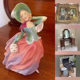 MaxSold Auction: This online auction features Royal Doulton figurines, Dresden figurines, Toby mugs, small kitchen appliances, vintage Pyrex, teacup/saucer sets, brassware, TVs, Moorcroft vase, upright piano, Lucien Moretti original painting, Royal Crown Derby china, perfume bottles, sewing machine, Fenton glass, antique vanities, BBQ grill, patio furniture, window AC unit, desk, exercise equipment, and much, much, more!!