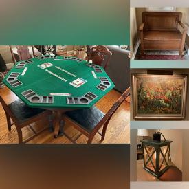 MaxSold Auction: This online auction includes furniture such as a wood bench, chairs, poker table top and others, clothing, bags, accessories, ornaments, glass insulators, wall art, kitchenware, small kitchen appliances, linens, toolbox, vintage sewing basket, pottery, vases, garden seat, lamps, doll accessories, vintage dolls, party supplies, games and much more!