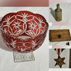 MaxSold Auction: This online auction features cranberry glass, cloisonne vases, antique church keys, WWII medals, teacup/saucer sets, advertising tins, antique coloring books, vintage silk kites, train cars, insulators, vintage film reels, and much, much, more!!