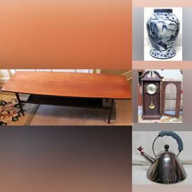 MaxSold Auction: This online auction features MCM teak furniture, wall mount Grandfather clock, African wood sculptures & wall mask, vintage ashtrays, play kitchen, art glass, collector plates,  art pottery, photography equipment, steins, Swarovski figurines, fishing gear, doll house & furniture, puzzles, board games, pet products, vintage collectible tins, vinyl records, camping gear, vintage tools, power tools, Coca-Cola collectibles, and much, much, more!!