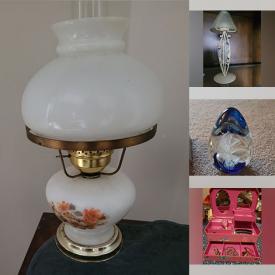 MaxSold Auction: This online auction features vintage hurricane lamp, tea light lamps, candy dishes, art glass, board games, motorcycle accessories, china cabinet, Barbie music box, and much, much, more!!