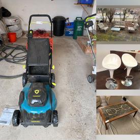 MaxSold Auction: This online auction features MCM tiled top table, area rug, art pottery, Lazboy recliners, lawnmower, yard tools, patio furniture, DVDs, bar stools, TV, small kitchen appliances, snowboard gear, and much, much, more!!!