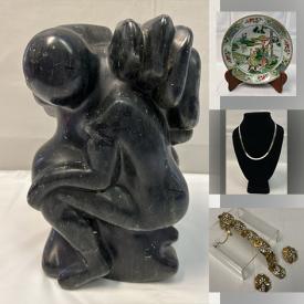 MaxSold Auction: This online auction includes Trifari jewelry set, pendants, brooches, Jade bangles, silver necklace and other jewelry, Jade Buddha figure, Chinese coin, snuff bottles, Moorcroft vase, brass bowls, vintage desk pen set, Chinese Shoushan stamp, Hollohaza and other sculptures, Rosenthal, Fenton and other glass pieces, vintage Beatles memorabilia, wall art, MCM upholstered stool, Replogle globe, copper umbrella stand and more!