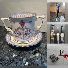 MaxSold Auction: This online auction features teacup/saucer sets, display cabinets, collector spoons, art glass, bell collection, cameras, coins, art supplies, KLM houses, watches, sewing machines, push mower, yard tools, hand tools, jewellery, and much, much, more!!