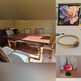 MaxSold Auction: This online auction includes framed artwork, sterling jewelry, furniture such as Jardine Ent wood dining table and chairs, wood cabinets, loveseat, and dressers, lamps, glass art, purses, cookware, glassware, Dyson vacuum, garden art, and much more!