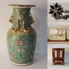 MaxSold Auction: This online auction includes Chinese porcelain figures, samovar, satsuma vase, snuff bottles, folding lacquer screen,  Rosewood jewelry box, cutting tools, lighters, Chinese dishes, wall art, jewelry, gemstones, Japanese sake set, Ironstone dinner plates, Imari Ware, bronze figures, stamps and more!