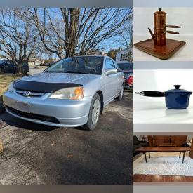 MaxSold Auction: This online auction includes 2002 Honda Civic, Bose speakers, 55” Smart TV, furniture such as MCM side tables, bar stools, and Gibbard tables, vintage Pyrex, Le Creuset, area rugs, NIB cookware, exercise equipment, lamps, and more!