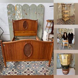 MaxSold Auction: This online auction includes furniture such as an Eastlake style settee, Victorian chairs, wrought iron kitchen set, dresser, vanity bench, teak night table, dropleaf table, wooden chairs, MCM end table, vintage sofa, Edwardian vanity and others, purses, coats, books, vintage hat boxes, shoe trees, linens, film projectors, Smith Corona typewriter, Rosenthal and other china, vintage frames, tins, electric trouser press, light fixtures,  electronics and more!