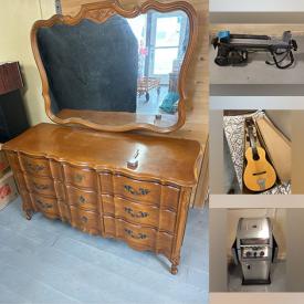 MaxSold Auction: This online auction includes furniture such as antique rocking chairs, side tables, barstool chairs, record cabinet, antique washstand, dresser and others, antique violin, guitar, sled, Chatty Cathy doll, vintage board games, vintage toys, fencing set, tea sets, kitchenware, vintage magazines, linens, clothing, shoes and accessories, yard tools, vanity items, books, Polaroid camera, wall art,  lamps, electronics, TV, Coleman BBQ grill, bicycle, PS VR set, Blue Mountain pottery, lamps and many more!\n