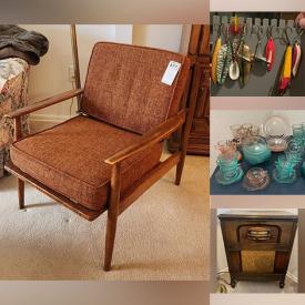 MaxSold Auction: This online auction includes furniture such as Eastlake style armchair and bench, vintage metal garage cabinets, outdoor armchairs, tractor seats, folding chairs, La-Z-Boy sofa, coffee table, piano stools, china cabinet, Ping Pong table, Danish MCM chair and others, antique victrola, vintage RCA radio, fly fishing poles, books, magazines, vinyl records, violin table lamp, seasonal decor, antique phone, carnival glass, Midcentury barware, kitchenware, Fenton glass, clothing, linens, electronics, sterling silver items, Kohler and Campbell piano, Brinkmann grill, garden supplies, vintage croquet set, hardware, tools and much more!