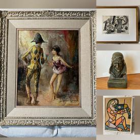 MaxSold Auction: This online auction includes a J. Lalande Dancer painting, Nicholas Hornyansky aquatint and other wall art, signed soapstone figure, magic books, artbooks, stamps, Asian pot, dishware, jewelry, sterling silverware, Dixie banjo, Aynsley, Paragon and other china, Beatles cards, Minolta camera, MCM teak chairs, Seth Thomas mantle clock, teak dining table, Asian trunk, stacking bookcase and more!