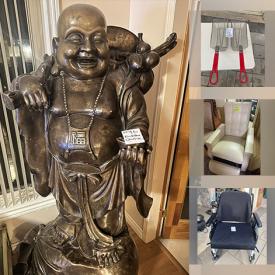 MaxSold Auction: This online auction includes furniture such as tables, bedframe, pink armchairs, wood desk, swiveling chairs, office chair, dresser and others, kitchenware, pizza warmer, dragon boat statue, Buddha and other Asian statues, tools, electronics, restaurant sign, mobility aid, doors, wall art and much more!