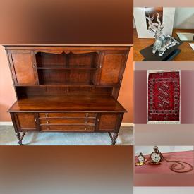 MaxSold Auction: This online auction includes furniture such as chairs, cedar chest, watchmaker’s cabinet, dressers, tables, nightstands, antique mahogany china cabinet and others, Lavabo wall fountain, mirror, Royal Doulton and other figurines, Royal Winton jug, R.S. Prussia porcelain, Limoges and other china, jewelry, lamps, rugs, Swarovski figures, vinyl records and much more!