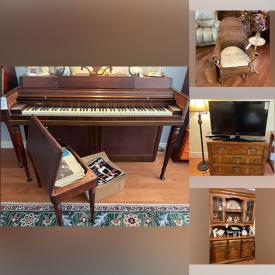 MaxSold Auction: This online auction includes furniture such as a dining table, chairs, dressers, La-Z-Boy couch, file cabinet, china hutch, bookshelf and others, decor, Wurlitzer piano, mirror, books, lamps, rugs, kitchenware, clock, baskets, jewelry, Fostoria glass and more!