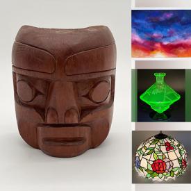 MaxSold Auction: This online auction includes hand knotted rugs, kitchenware, MCM teak tray, Cas Holman pepper mill, Uranium glass, hardware, wooden katana, books, serigraph,Tintin prints and other wall art, geode bookends, 3M respirator, antique side table, baskets, stained glass lamps, vases, totem pole and much more!