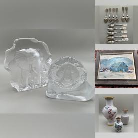 MaxSold Auction: This online auction includes religious icon art, bronze Foo dogs, silverplate and sterling silver servingware and accessories, Royal Crown Derby, Johnson Brothers and other china, Mid Century Lucite grapes, Birks cutlery, wall art, Tey pottery cottages, Waterford clocks, Kaiser bowl and more!